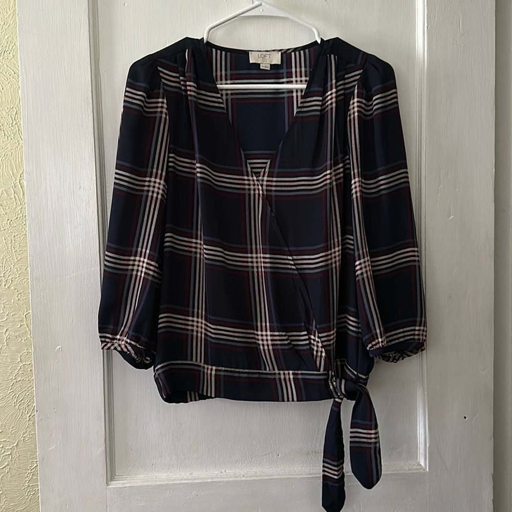 Loft Outlet Boho Navy Striped Long Sleeve Faux Wrap Blouse Top